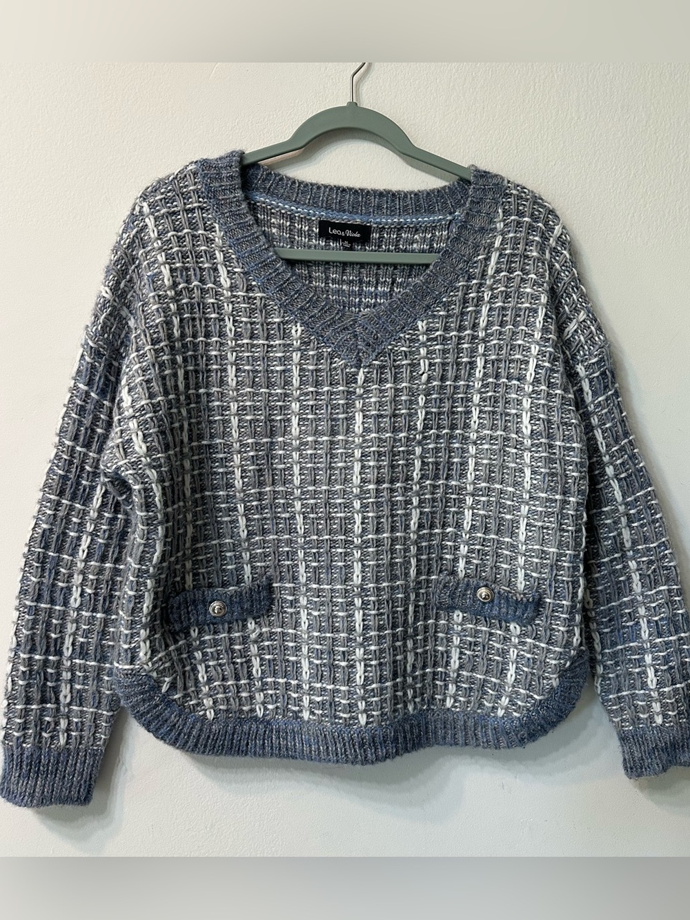 Lea & Viola Blue Tweed Chunky V-Neck Wool Blend Sweater Women's Size M